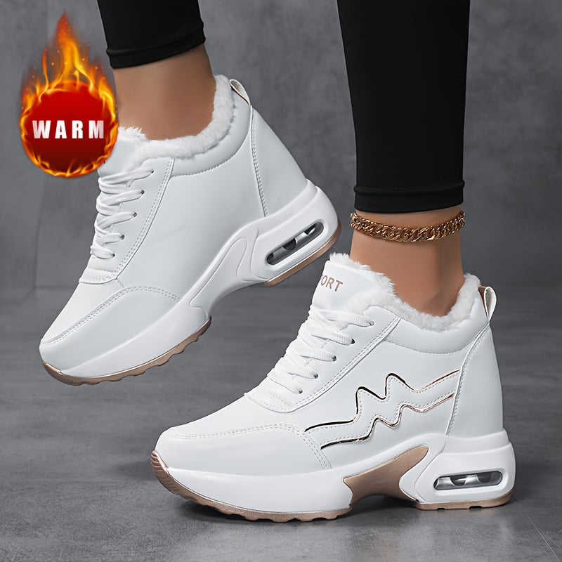 Damen Plateausneaker Weiß mit Faux-Fur Futter und Zierstreifen