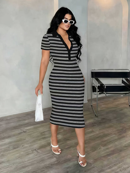 Damen Bodycon Polo-Midikleid mit Streifen – Eleganter Freizeit-Look mit sportlichem Kragen