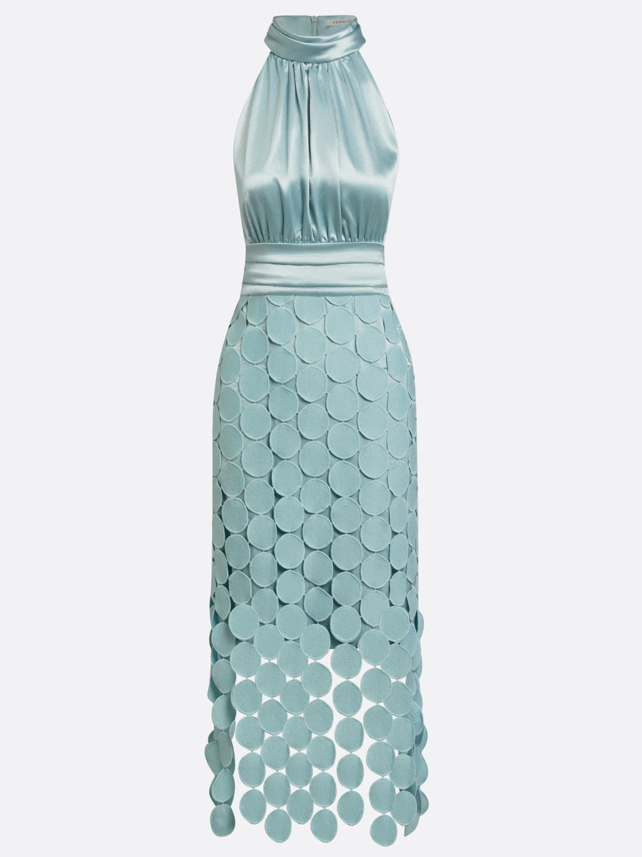 Damen Halter Neck Cocktailkleid mit Rüschen und Kreismuster