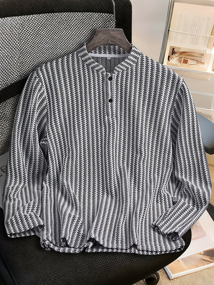 Herren Langarm Stehkragen Henley Shirt mit Streifenmuster – Lässiger und Eleganter Look