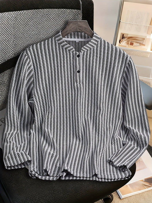 Herren Langarm Stehkragen Henley Shirt mit Streifenmuster – Lässiger und Eleganter Look
