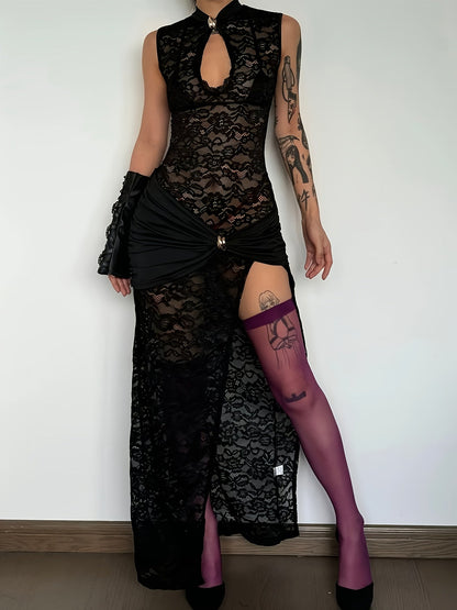 Damen Spitzen-Maxikleid mit Cut-Out und hohem Beinschlitz – Elegantes Abendkleid für besondere Anlässe