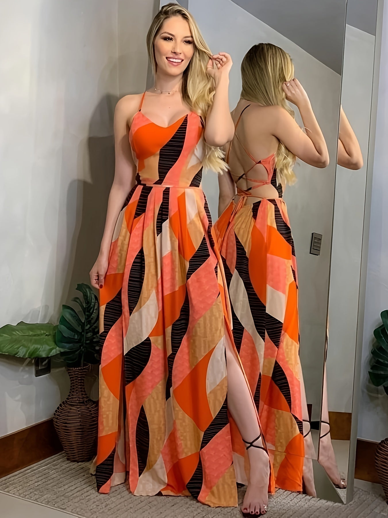 Damen Maxikleid mit abstraktem Muster und Schlitz – Eleganter Look für besondere Anlässe