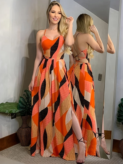 Damen Maxikleid mit abstraktem Muster und Schlitz – Eleganter Look für besondere Anlässe
