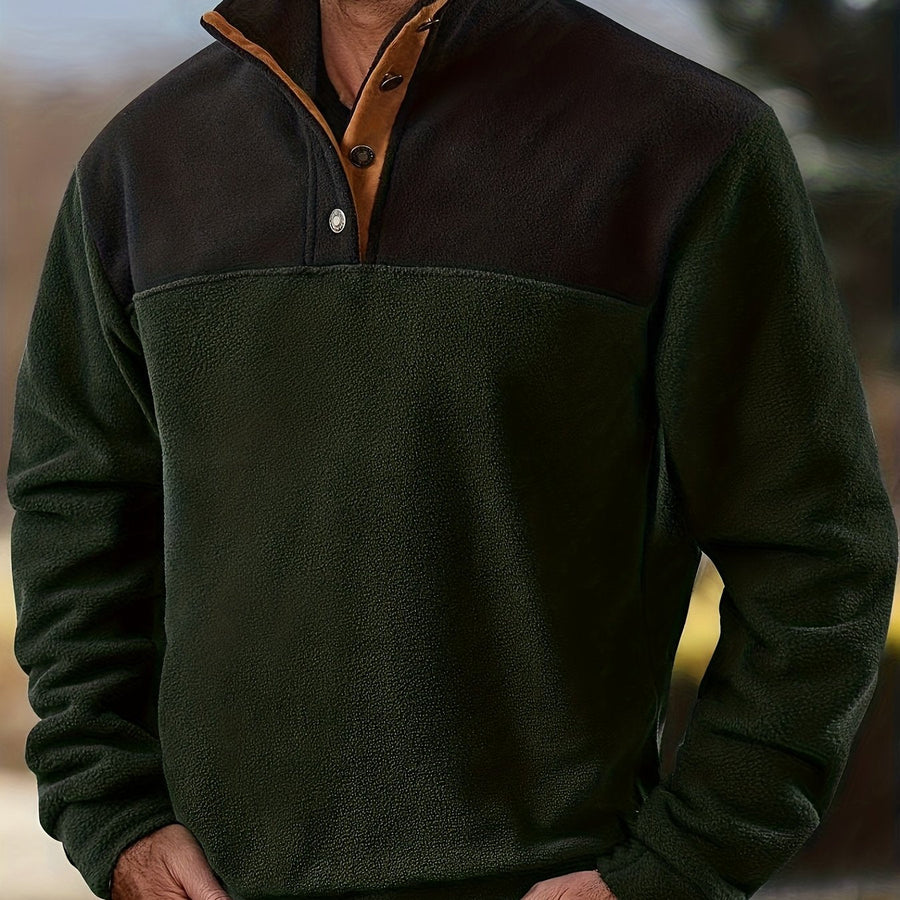 Herren Fleece Pullover mit Stehkragen und Knopfleiste - Zweifarbig