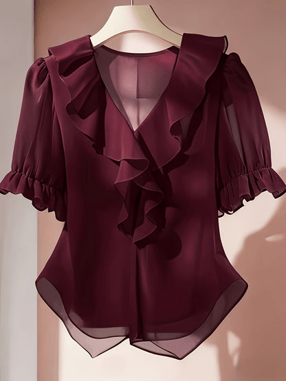 Damen Bluse mit Rüschen und Puffärmeln – Elegante feminine V-Ausschnitt Bluse für Büro und Freizeit