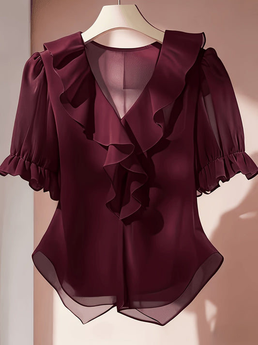 Damen Bluse mit Rüschen und Puffärmeln – Elegante feminine V-Ausschnitt Bluse für Büro und Freizeit