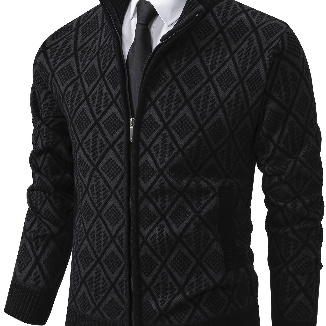 Herren Strickjacke mit Stehkragen, Reißverschluss und Rautenmuster