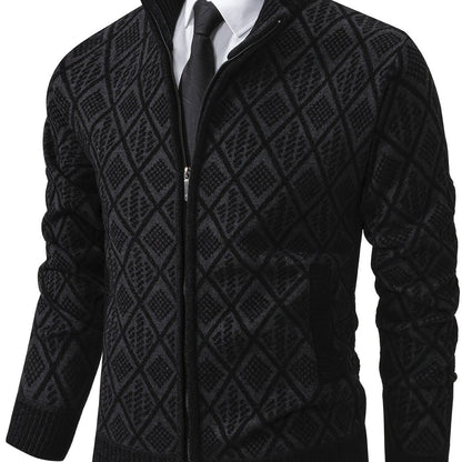 Herren Strickjacke mit Stehkragen, Reißverschluss und Rautenmuster