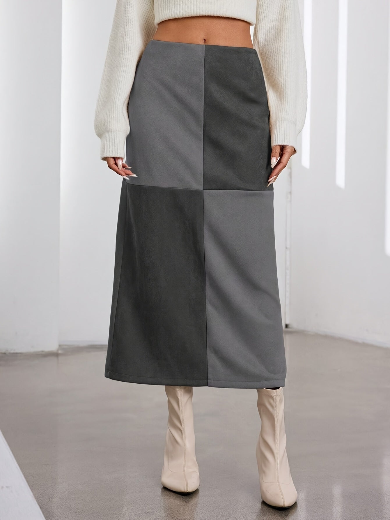 Damen Midi-Rock Patchwork A-Linie Zweifarbig mit hohem Bund