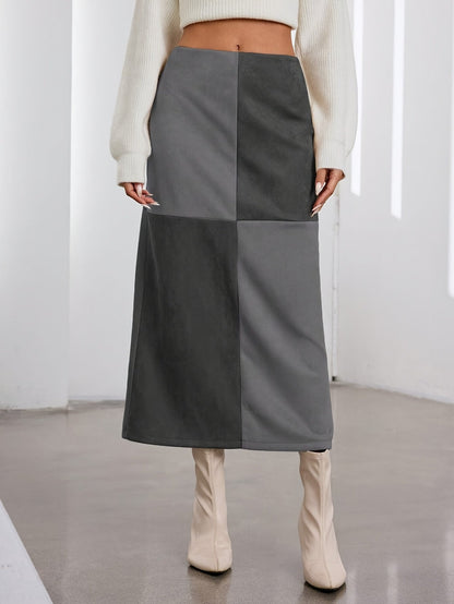Damen Midi-Rock Patchwork A-Linie Zweifarbig mit hohem Bund