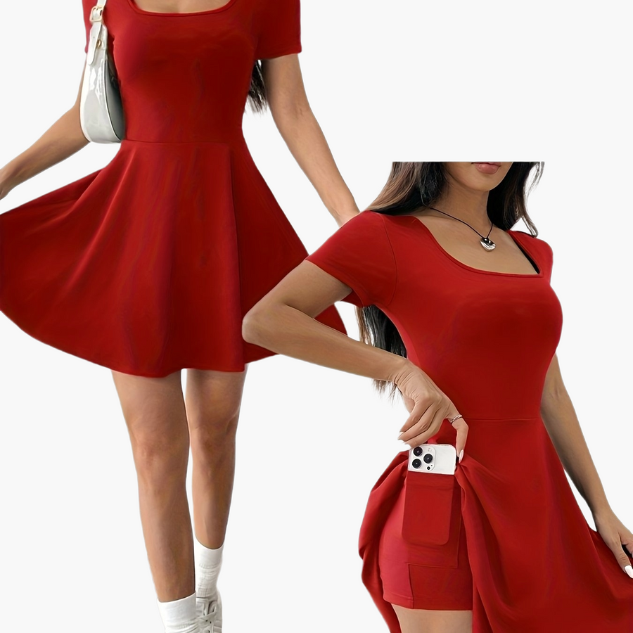Damen Skaterkleid Elegant Kurzarm Freizeitkleid für Alltag und Ausgehen