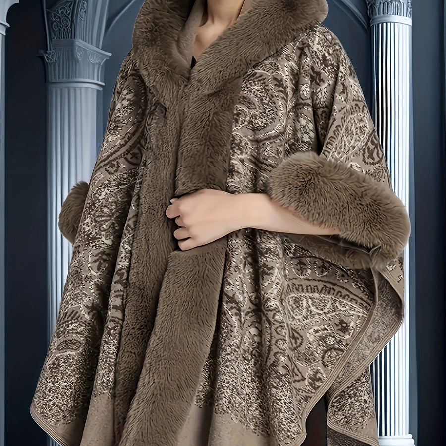 Damen Cape mit Kapuze, Pelzbesatz und Muster – Gemütlicher Umhang