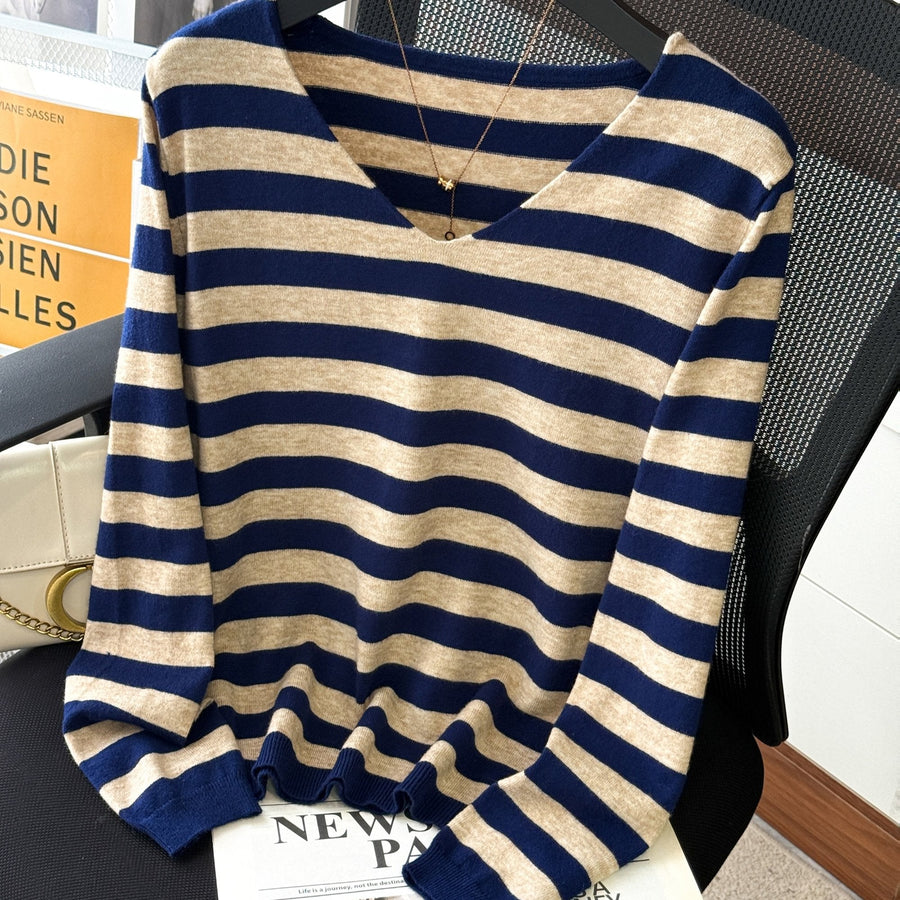 Damen Pullover Gestreift V-Ausschnitt Langarm Strick