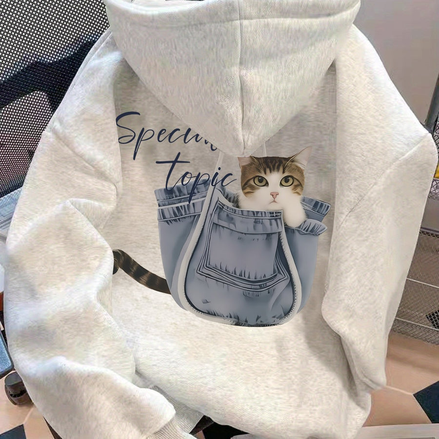Kapuzenpullover Hellgrau mit Katze und Taschendruck
