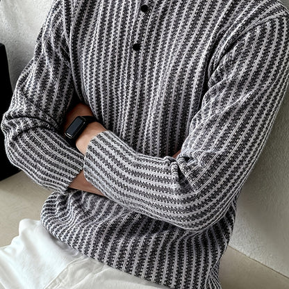 Herren Langarm Stehkragen Henley Shirt mit Streifenmuster – Lässiger und Eleganter Look