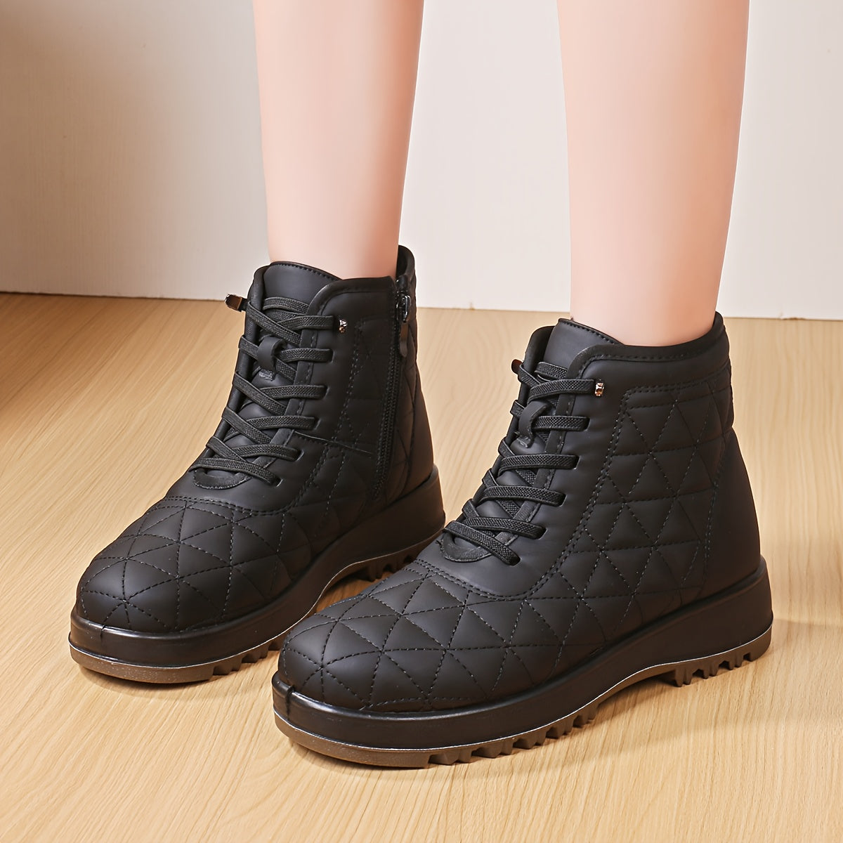 Damen Winterstiefeletten Stepp-Design Profilsohle Schnürung Reißverschluss