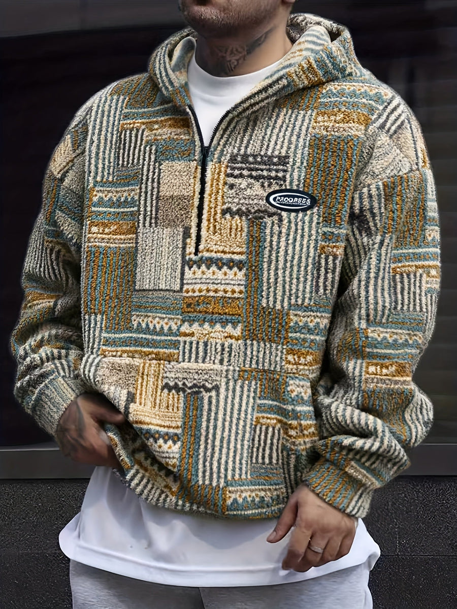 Heren patchwork-hoodie van teddyfleece met quarter-zip