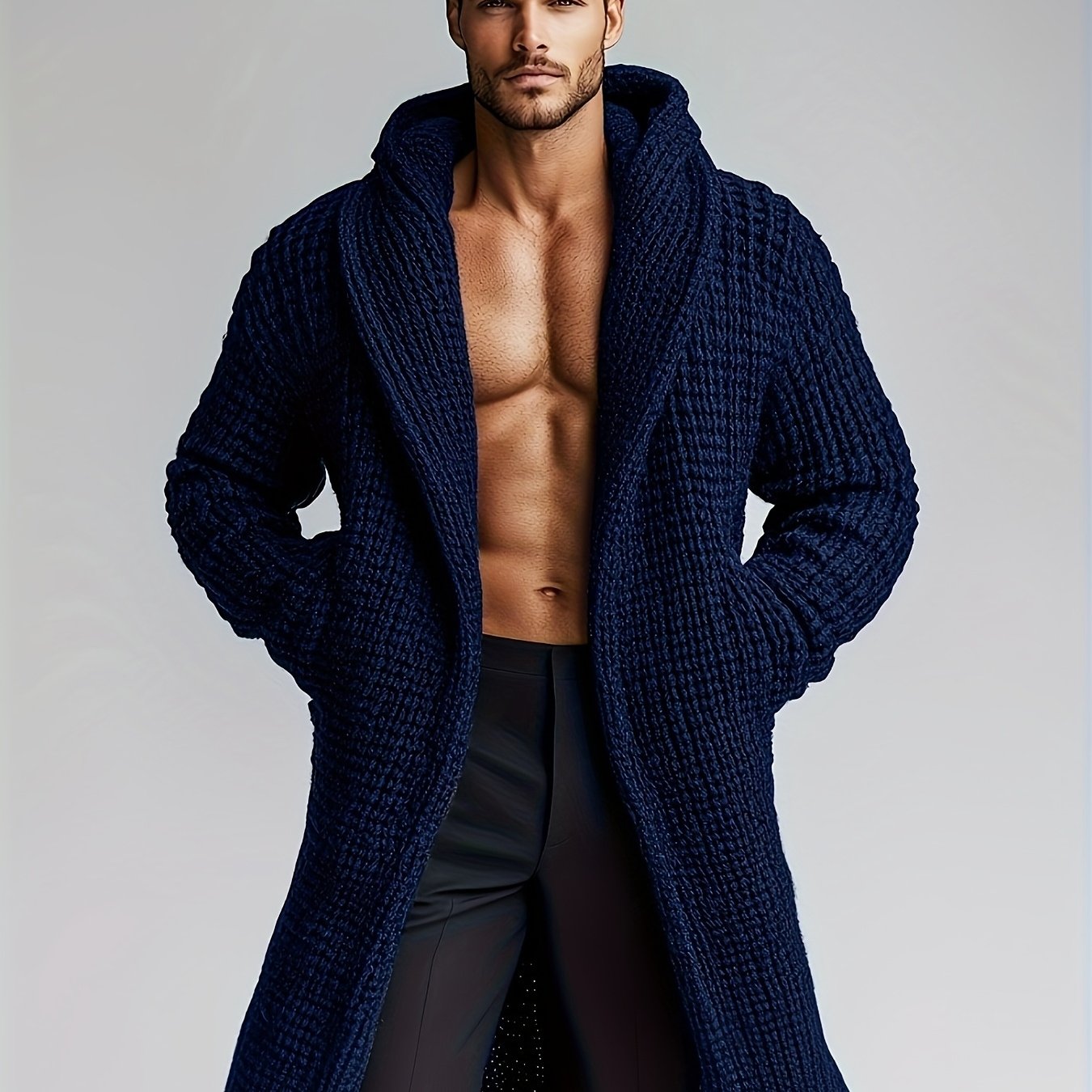 Herren Strickmantel mit Kapuze | Langer Bademantel in Waffelstruktur