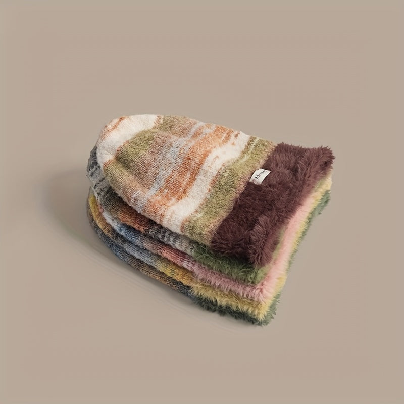 Unisex Beanie Mütze gestreift, weiches Futter, gestrickter Look, slouchy Style