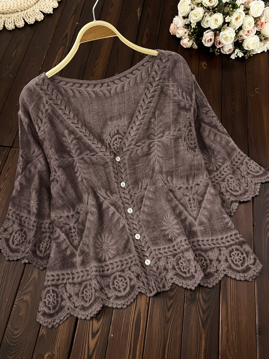 Damen Bluse Stickerei Knopfleiste V-Ausschnitt Tunika Oberteil Langarm Blusen