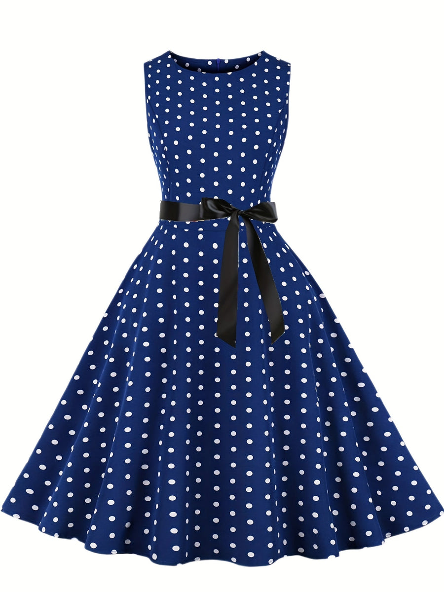 Damen Vintage Rockabilly Polka Dots Kleid mit Schleifen-Gürtel, Elegant, Ärmelos, Festlich & Alltag