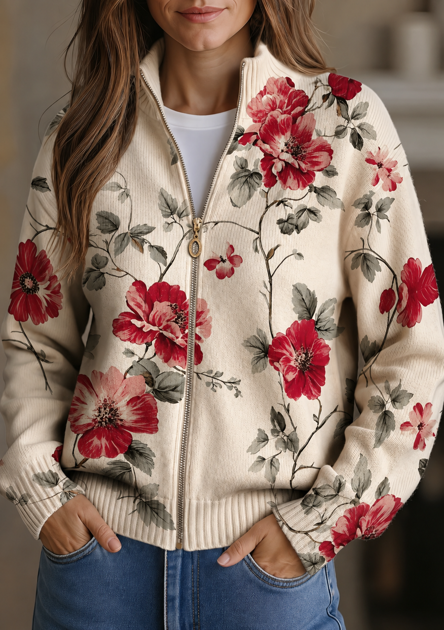 Damen Strickjacke Cremefarben mit Rotem Blumenmuster und Reißverschluss