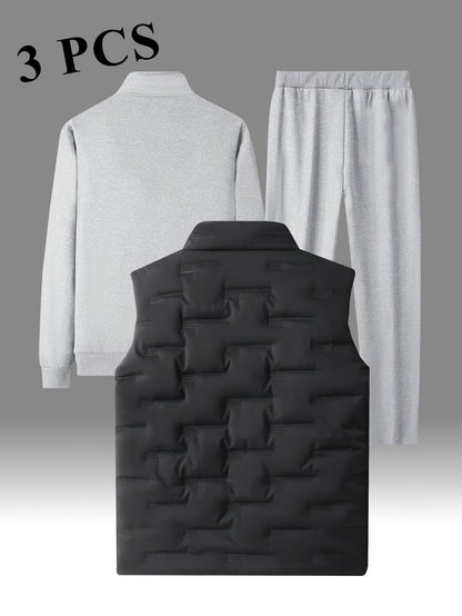 Herren 3-teiliges Sportoutfit mit Stehkragen-Trainingsjacke, Jogginghose und Steppweste