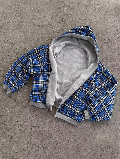 Unisex Reißverschluss Hoodie Hellgrau mit kariertem Innenfutter Kapuzenpullover