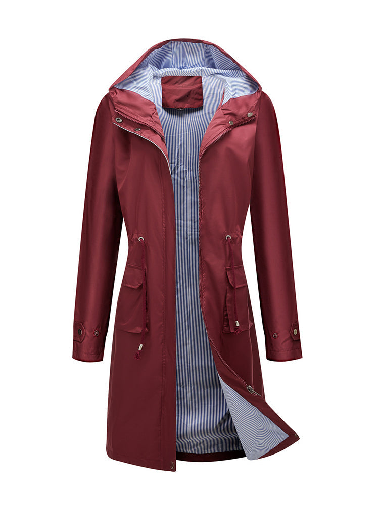Damen Langer Regenmantel mit Kapuze Tunnelzug Freizeit Jacke