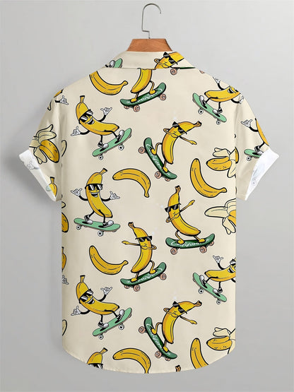 Herren Freizeit Hemd mit Skateboard-Banane Cartoon Print – Kurzarm, Lustiger Stil für Alltag & Party