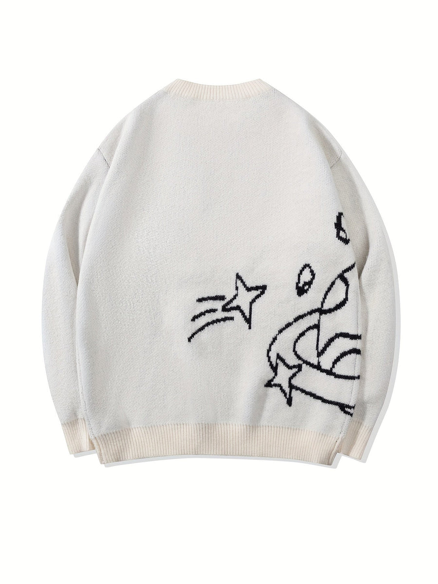 Unisex Strickpullover Rundhals mit Planeten- & Sternenmuster, Weit Geschnitten