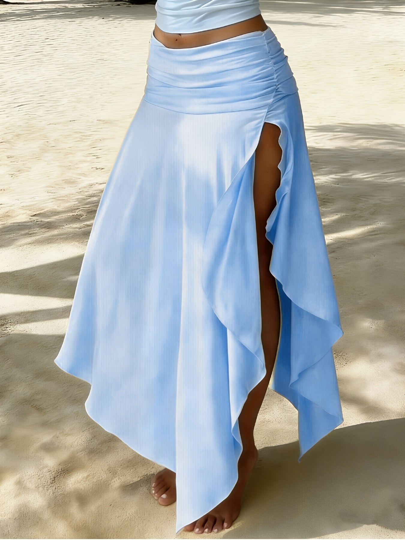 Damen Maxi-Strandrock mit asymmetrischem Volant-Saum, elegant-lässiger Urlaubsstil
