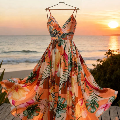 Damen Maxi Kleid mit Blumenmuster und schwingendem Rock – Eleganter Boho Stil für besondere Anlässe