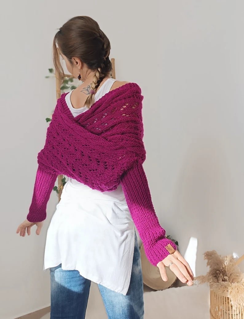 Damen Strick Bolero mit langen Ärmeln und Lochmuster