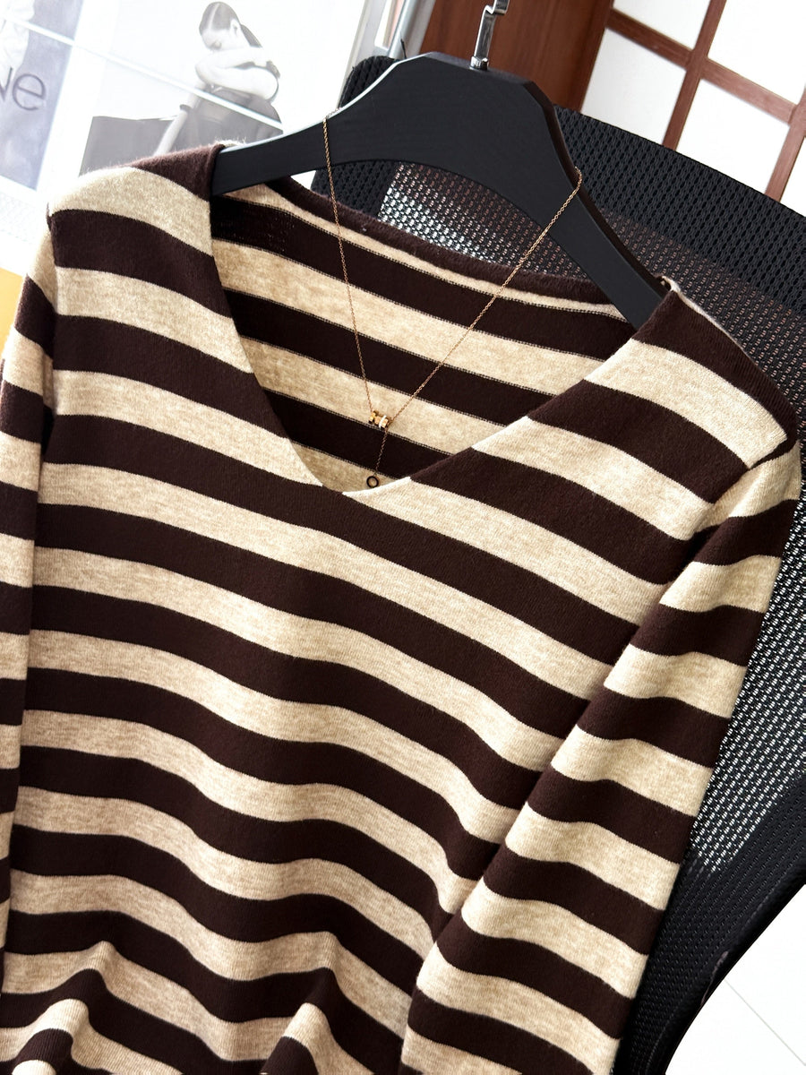 Damen Pullover Gestreift V-Ausschnitt Langarm Strick