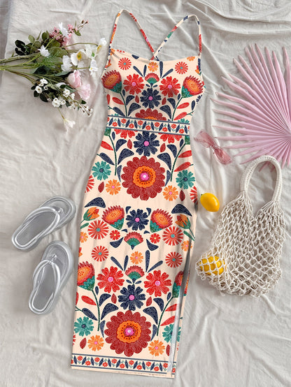 Damen Midi Kleid mit Blumenmuster und Spaghettiträgern – Boho Chic für Alltag & Urlaub