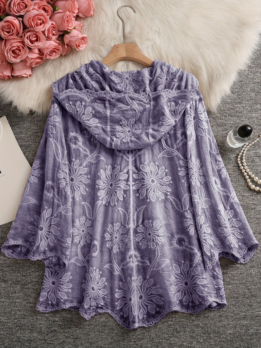 Damen Bestickte Bluse mit Kapuze, Langarm, Floral, Grün