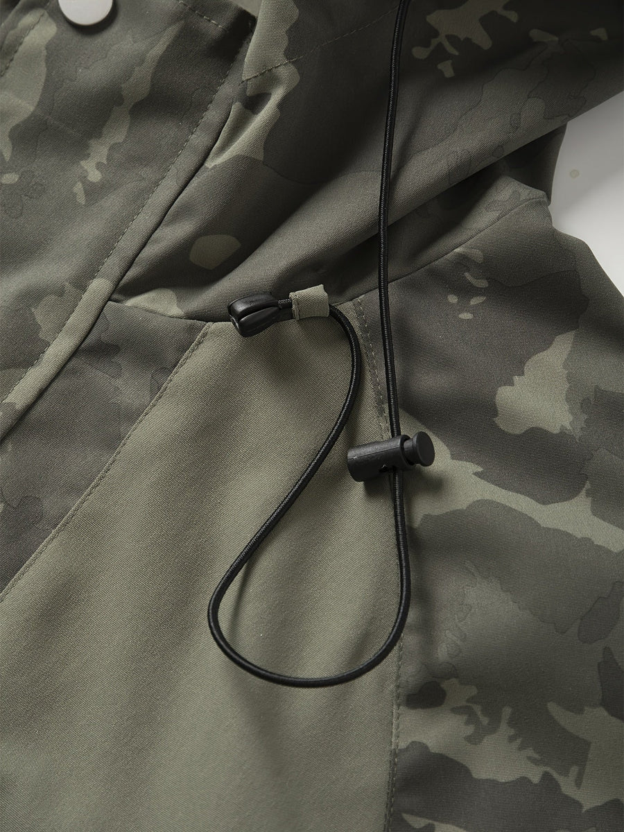 Herren Jacke Camouflage mit Kapuze und Reißverschluss, Olivgrün/Dunkelgrün