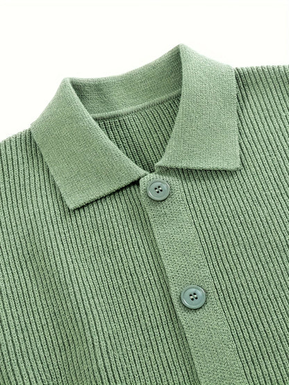 Gerippte Strickjacke für Herren mit Knopfleiste, Polo-Kragen, Langarm