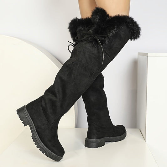 Damen Overknee Stiefel Schwarz mit Kunstfell und Schnürung Profilsohle