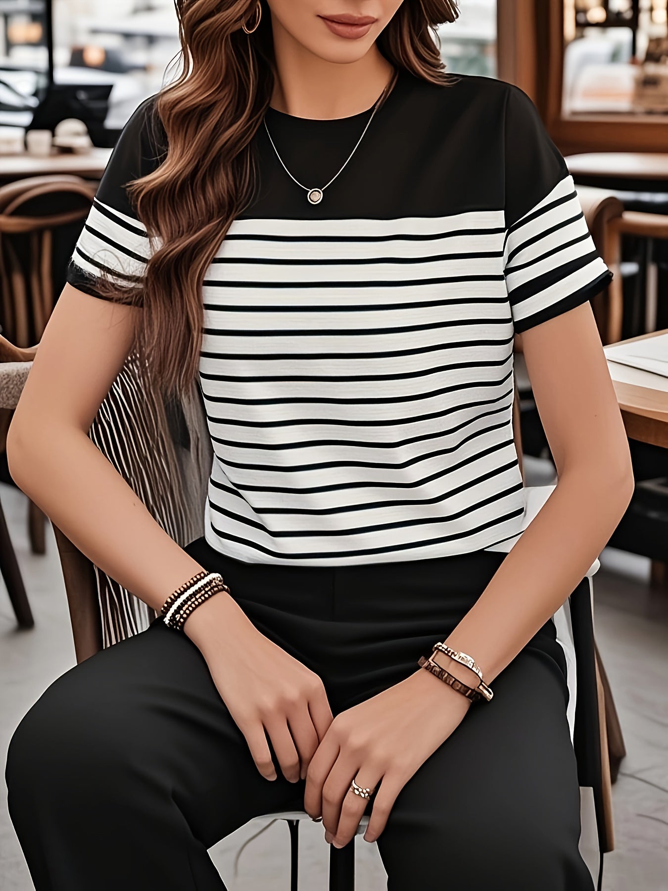 Damen T-Shirt Kurzarm Gestreift Modern Freizeit Look
