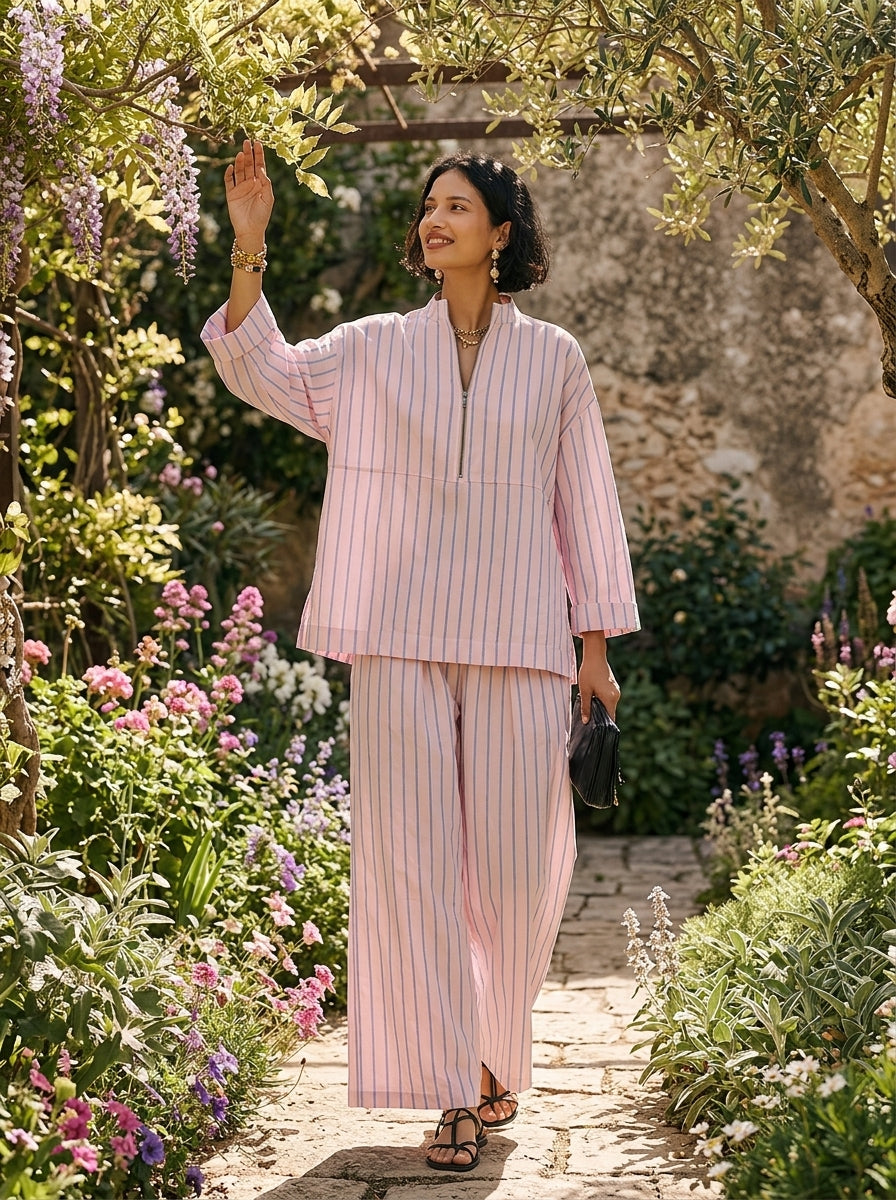 Roze gestreepte loungewearset voor dames met opstaande kraag en ritssluiting