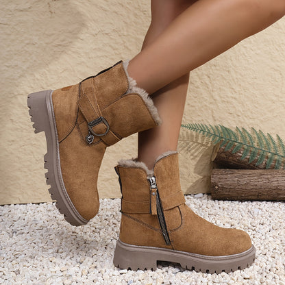 Damen Winterstiefel Braun Knöchelhoch Warm Gefüttert mit Schnalle