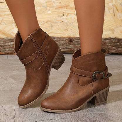 Damen Stiefelette mit Western-Schnalle & Blockabsatz, Braun