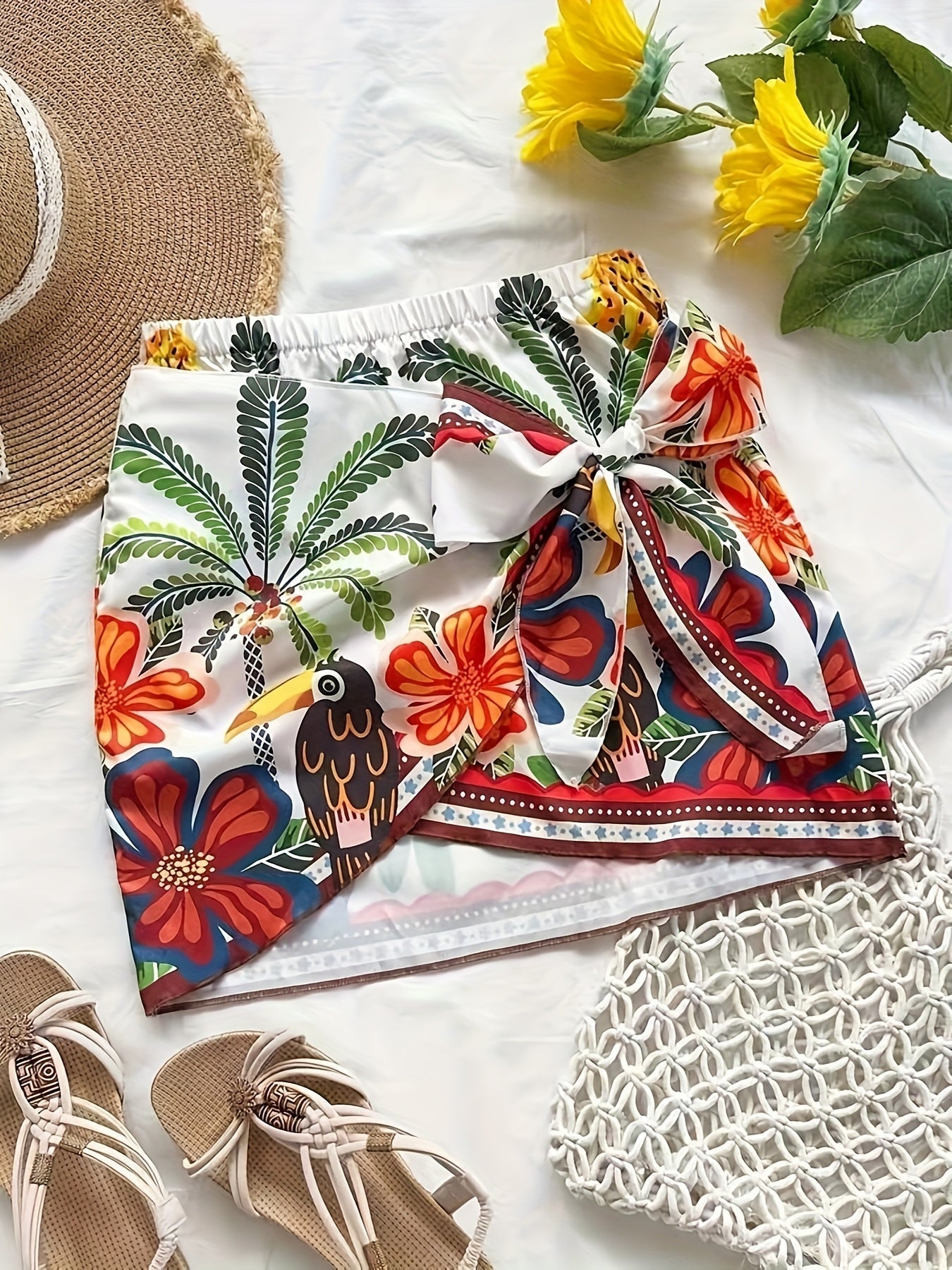 Damen Mini Wickelrock mit tropischem Print und Schleife – Urlaub Strandmode