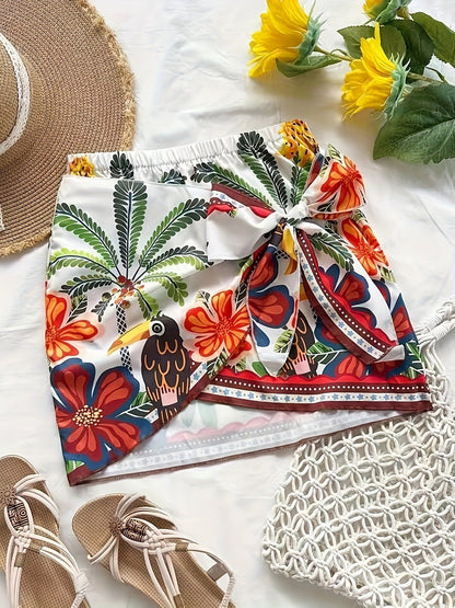 Damen Mini Wickelrock mit tropischem Print und Schleife – Urlaub Strandmode