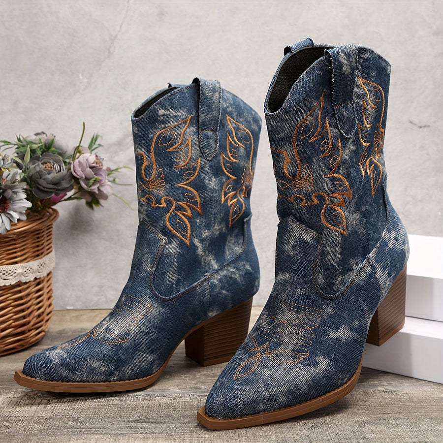 Cowboylaarzen dames enkellaarsjes met denimlook, borduursel en blokhak