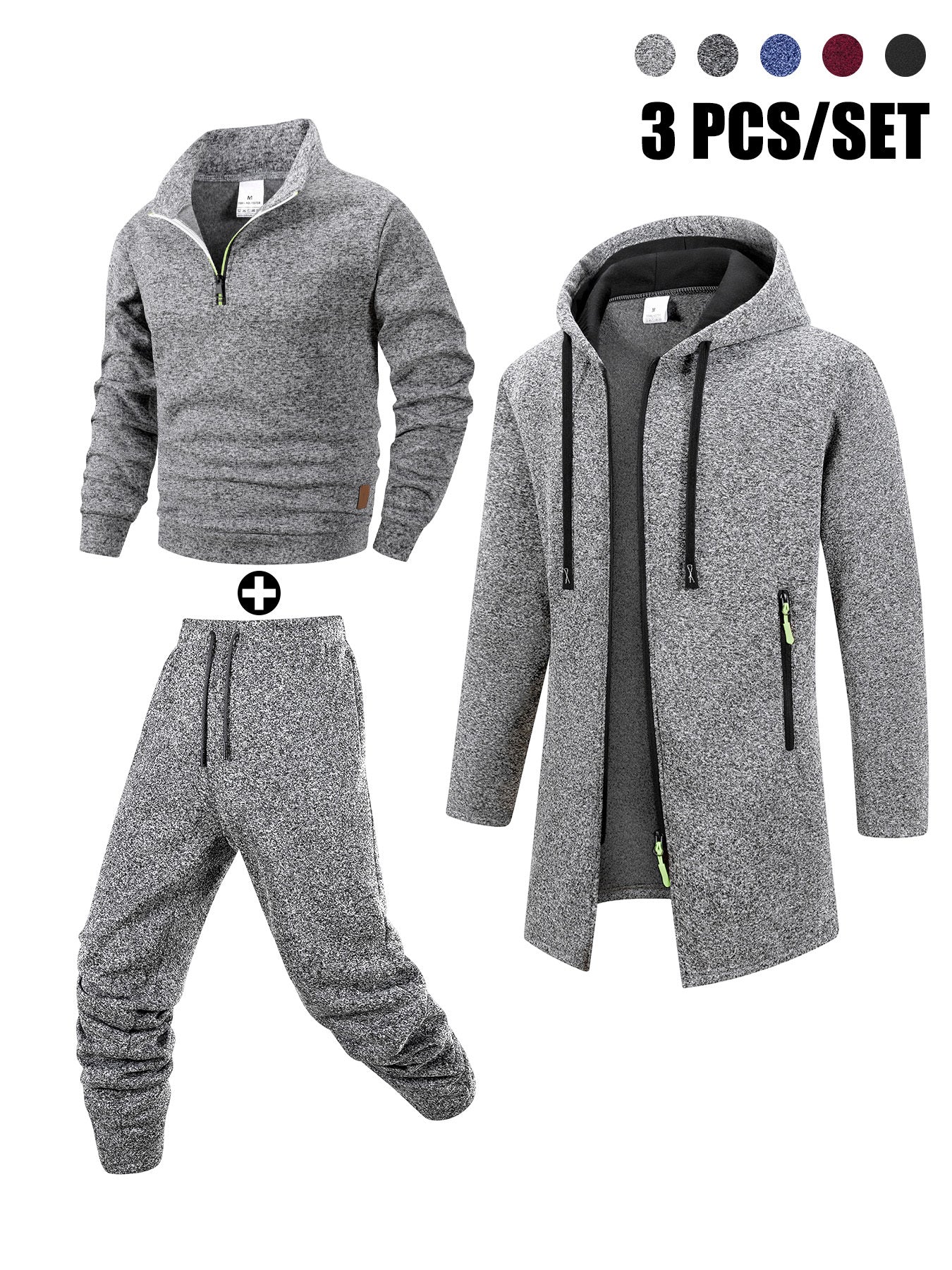 Herren 3-teiliger Trainingsanzug Set mit Kapuzenmantel, Pullover und Hose