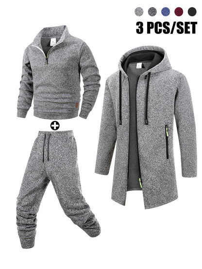 Herren 3-teiliger Trainingsanzug Set mit Kapuzenmantel, Pullover und Hose
